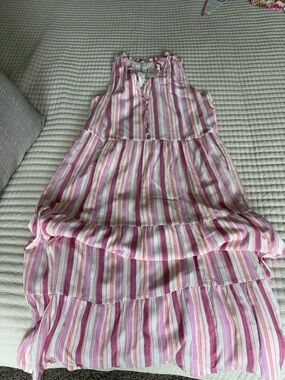 LOFT Pink and White Striped Sleeveless Midi Dress